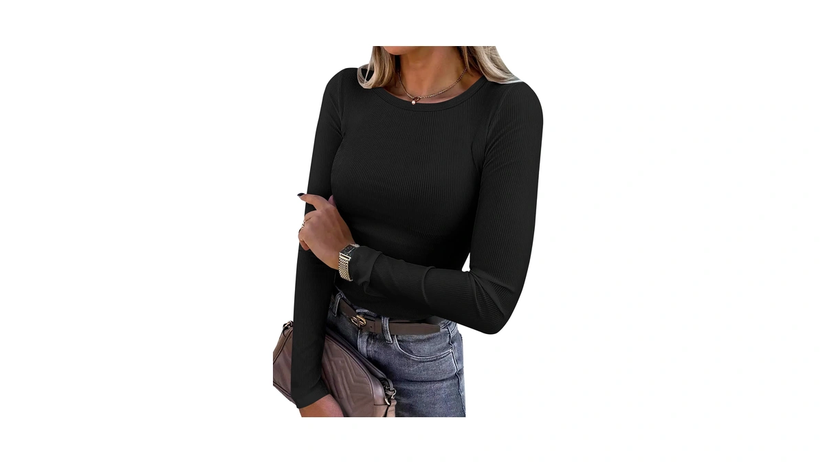 Anrabess Women Long Sleeve Shirts Rib Knit Slim Fit Tops