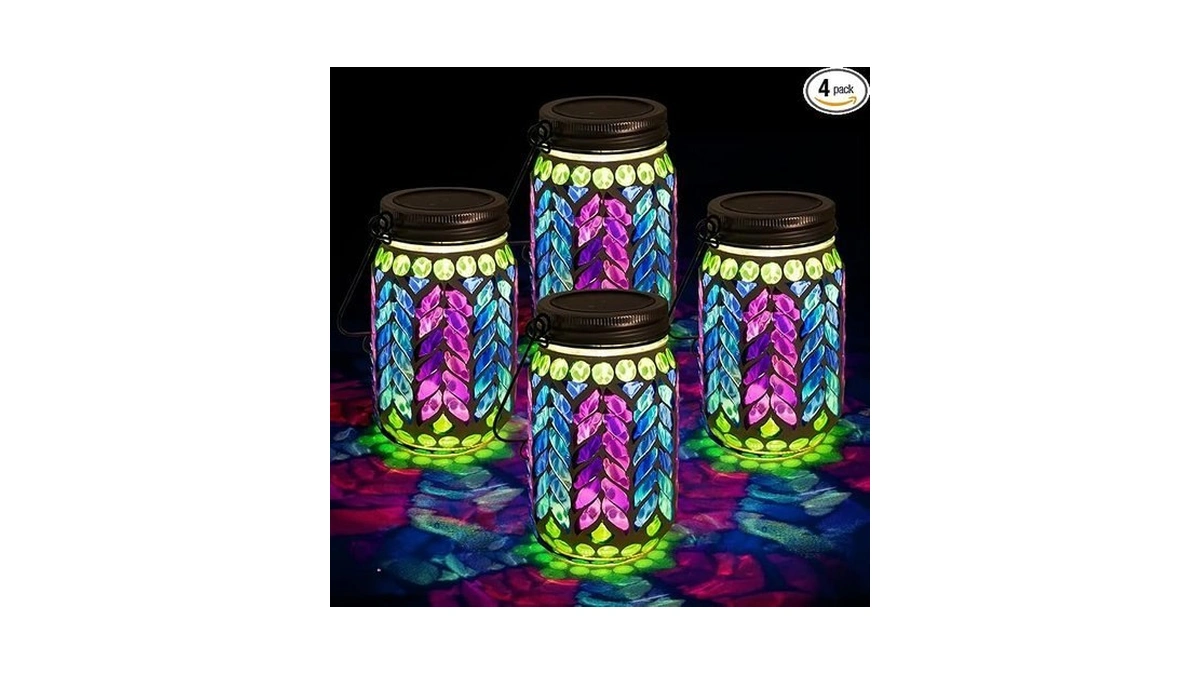 Stargarden 4 Pack Mosaic Solar Lantern ,waterproof Outdoor Hanging Jar