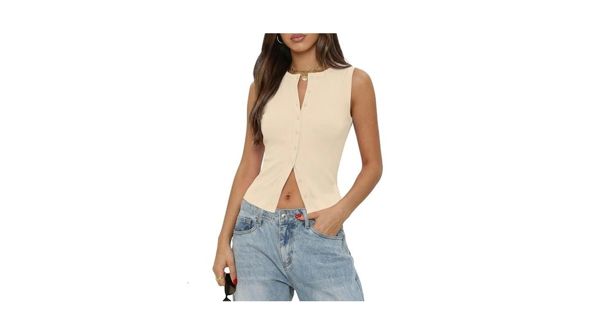 Gleeneat Womens Button Down Up Going Out Sleeveless Ribbed Cropped