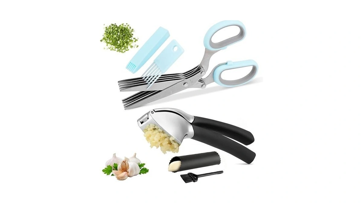 Lainballow Garlic Press & Herb Scissors Set, 6 Pcs Kitchen