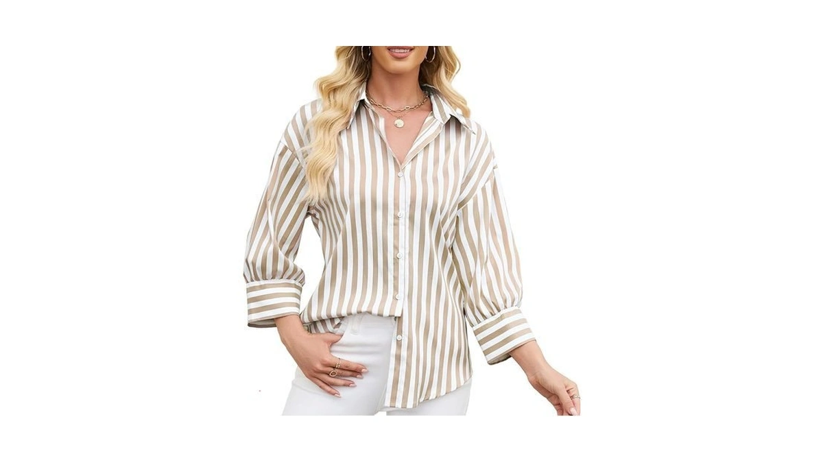 Blouse For Women Striped 3/4 Sleeve Solid Button Down Shirts