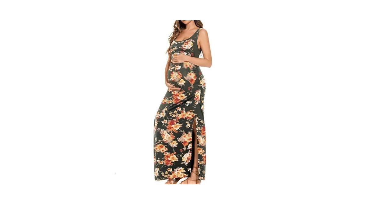 Smallshow Women's Split Long Maternity Dress Sleeveness Ruched Pregnancy Clothes