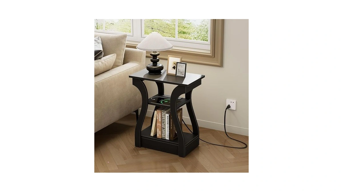 Olixis 3 Tier End Table With Charging Station, Modern Curved