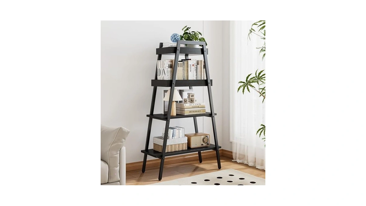 Vecelo Ladder Shelf, 4 Tier Wooden Bookshelf With Metal Frame,