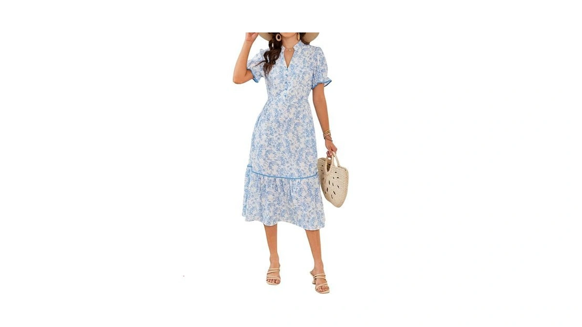 Theenkoln Womens Casual Midi Dress: Short Sleeve V-neck Empire Waist