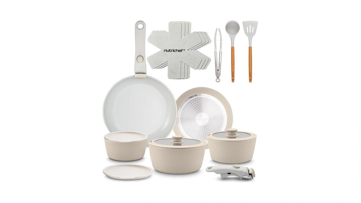 Nutrichef 18-piece Ceramic Cookware Set With Detachable Handles, Non Stick