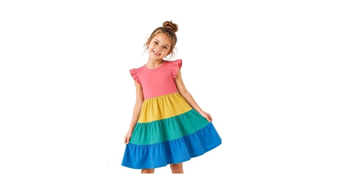 Hileelang Girls Cotton Tiered Dress Flutter Ruffle Sleeve Flowy Swing