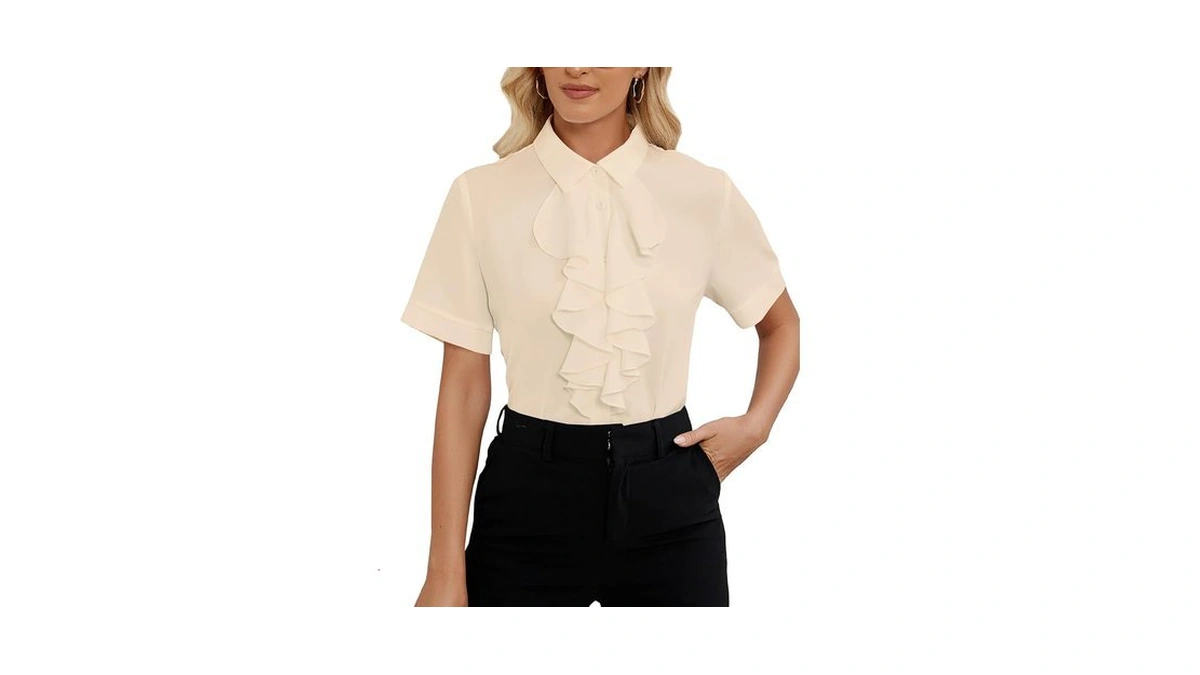 Vrtige Women's Ruffle Front Collar Neck Button Down Short Sleeve