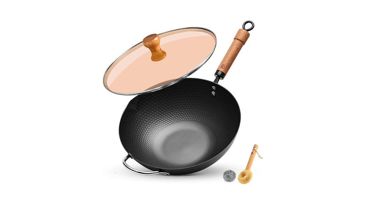 Wangyuanji Carbon Steel Wok Pan, 12.6 Inch Flat Bottom Stir