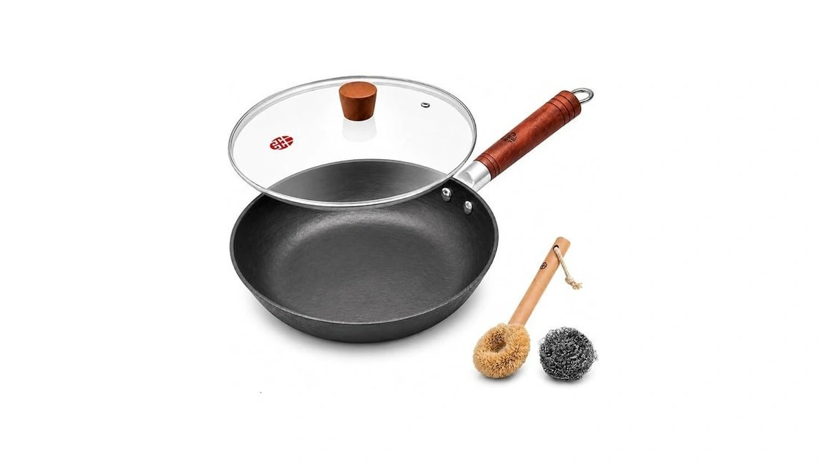 Wangyuanji 10.2-inch Cast Iron Skillet With Glass Lid, Uncoated Frying