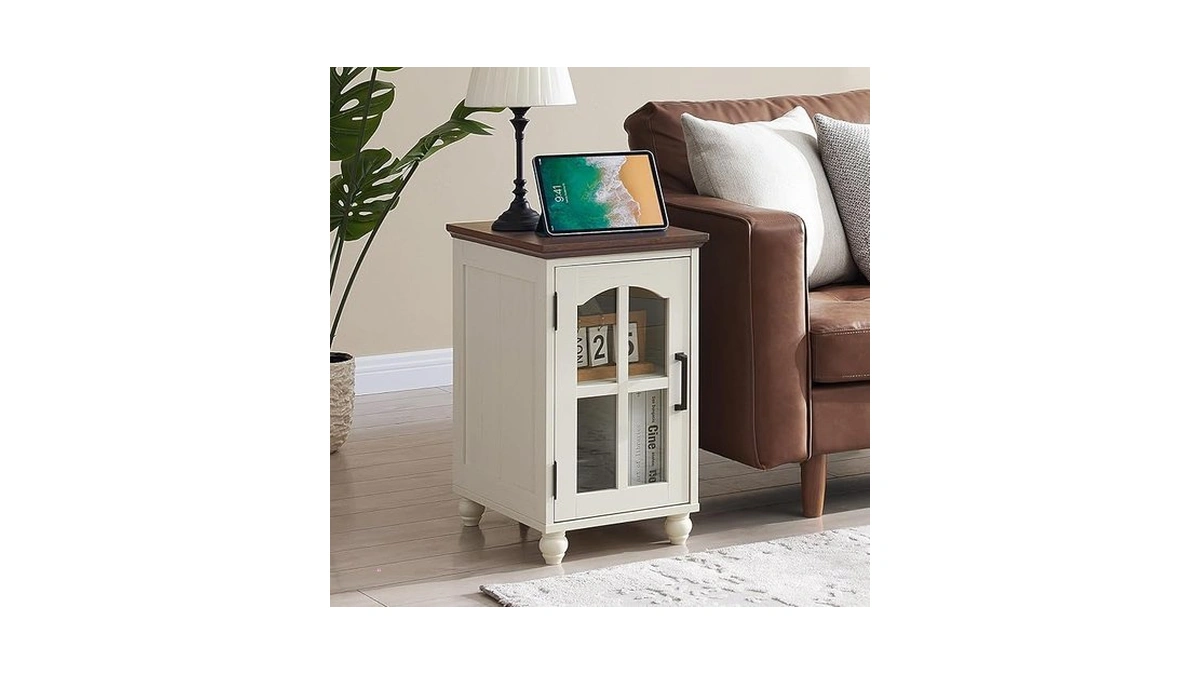 Narrow Side Table,farmhouse Nightstand With Charging Station,wood End Table With
