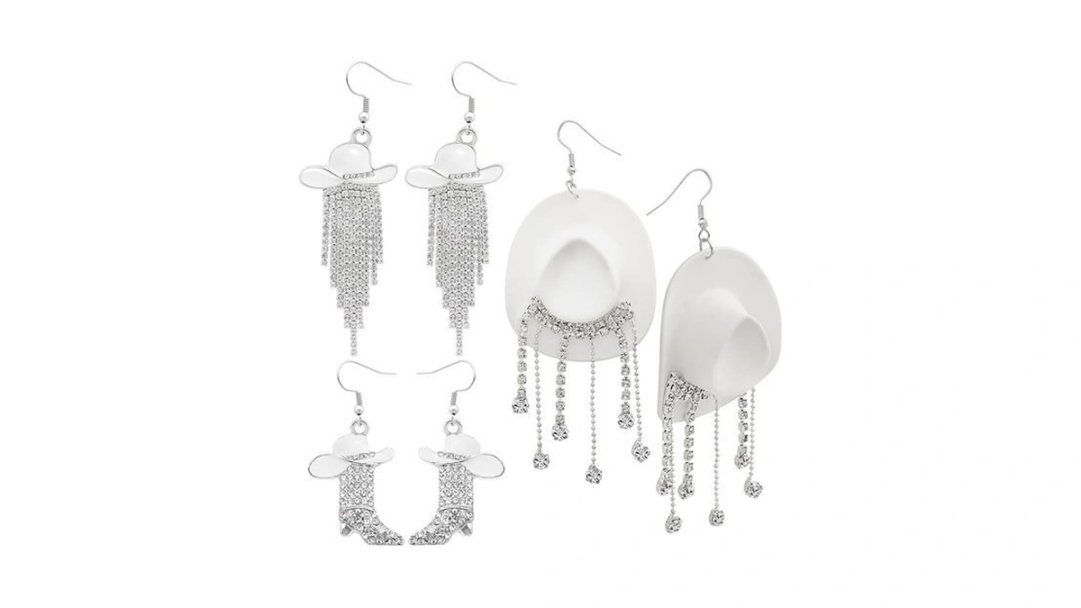 Rechicgu 3 Pairs Western Cowgirl Cowboy Hat Earrings Set Silver