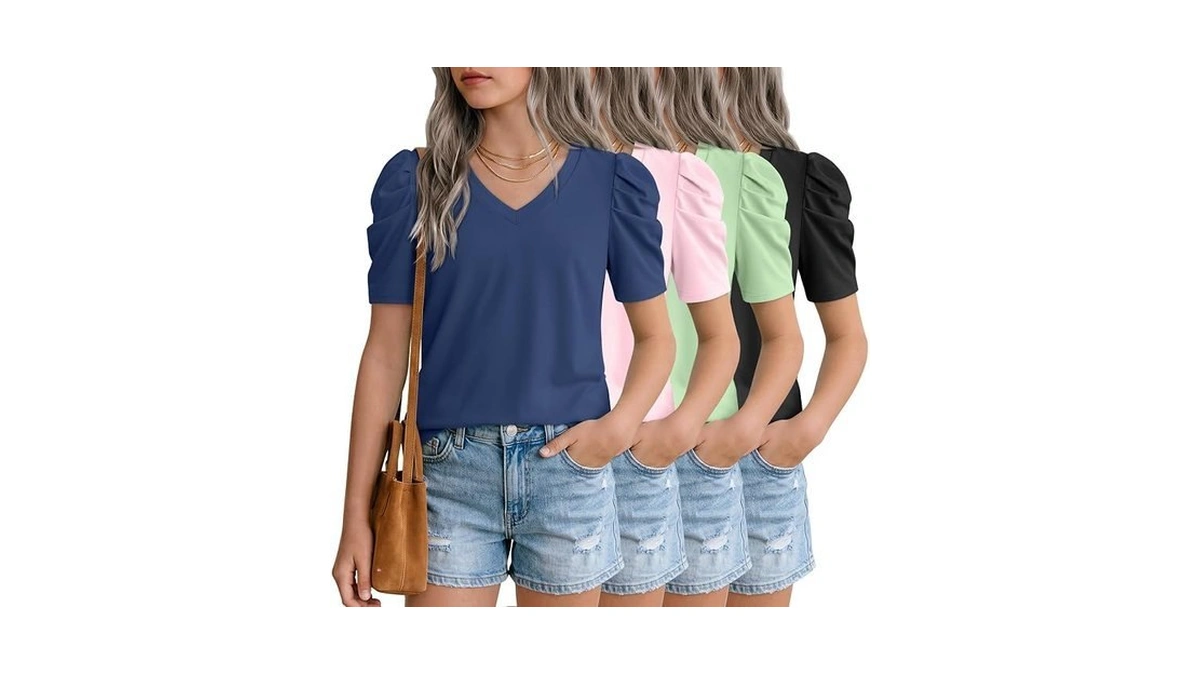 Oakgarden 4 Pack Girls Puff Short Sleeve Tops Kids Summer