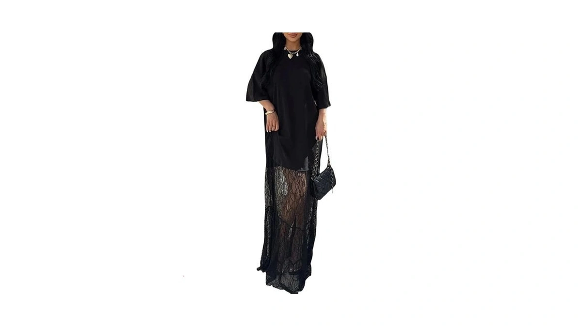 Tweovia Women's Lace Patchwork Mesh T Shirt Dress Casual Crew
