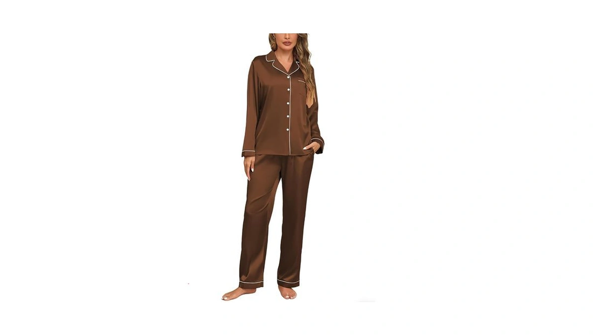 Veseacky Womens Silk Pajamas Set Longs Sleeve Elastic Waist Sleepwear