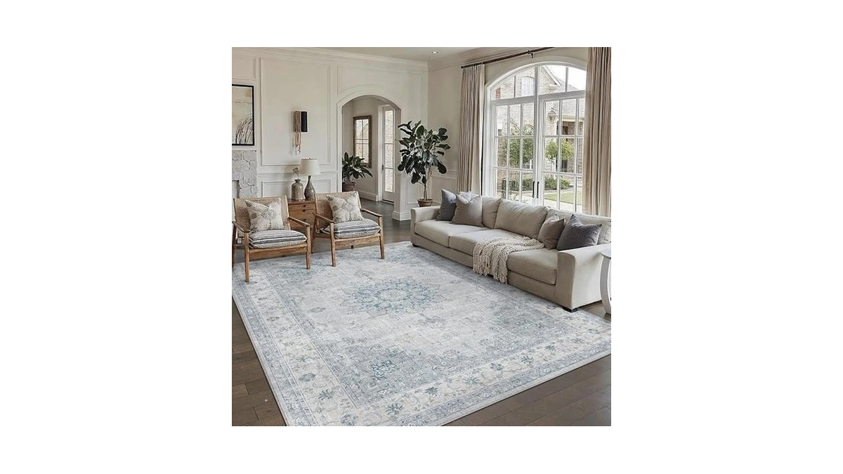 Purecozy 8x10 Blue Area Rug Vintage Washable Living Room Carpet