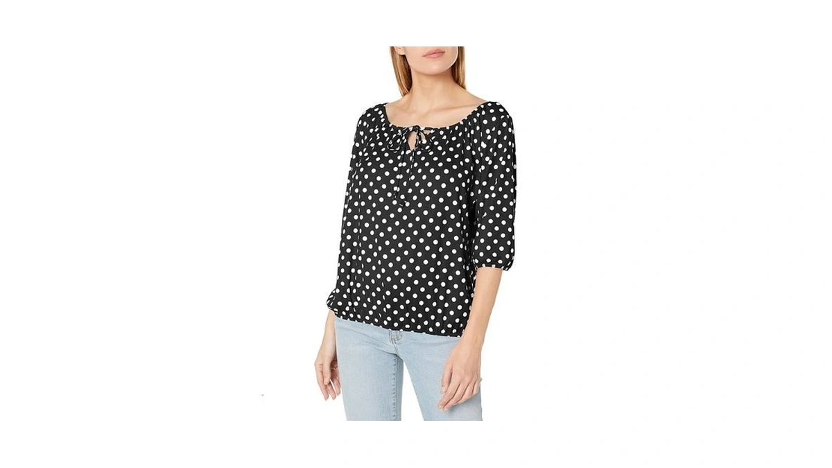 Star Vixen Women's Petite 3/4 Sleeve Tieneck Elasticized Peasant Top,