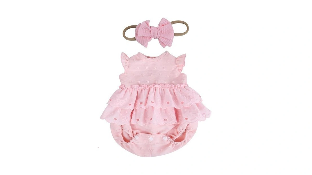 Ekokiz Baby Doll Clothes, Pink Lace Ruffle Romper & Bow
