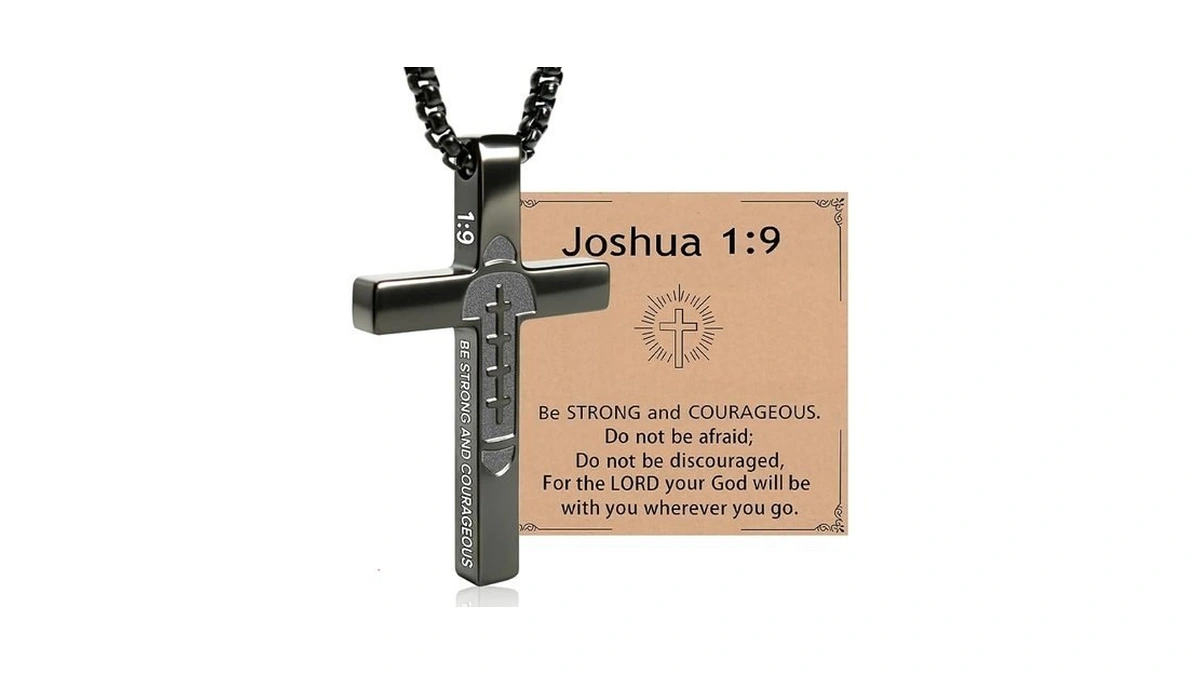Everembrace Football Joshua 1:9 Cross Necklace For Teens, Stainless Steel