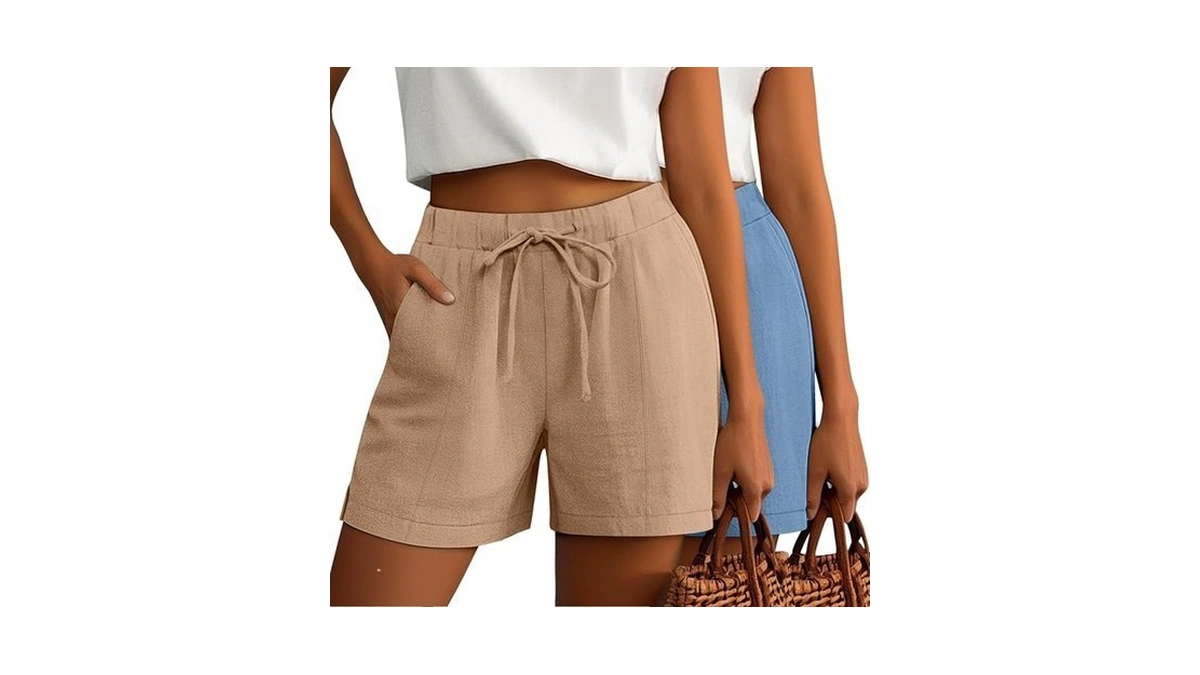 Riyiper 2 Pack Casual Linen Shorts For Women, Drawstring Elastic