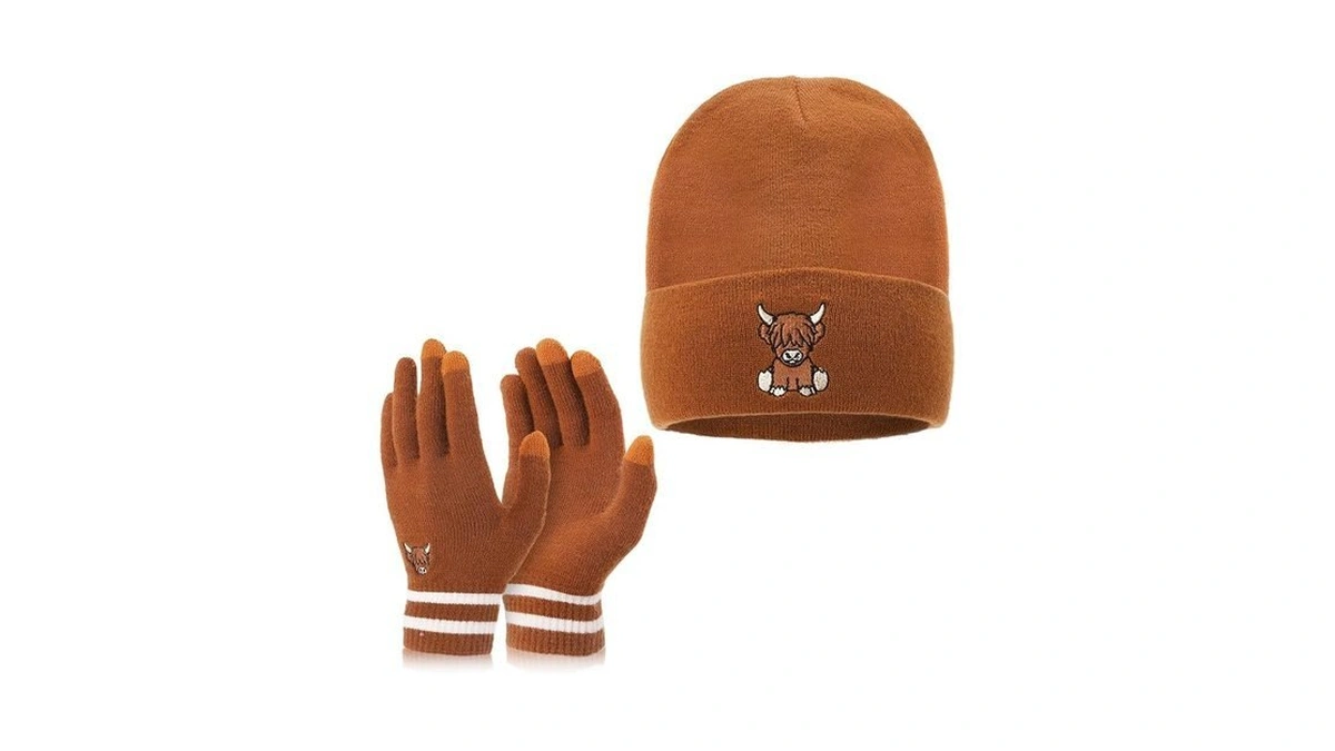 Vansolinne Highland Cow Beanie And Gloves Women's Winter Knitted Scottish