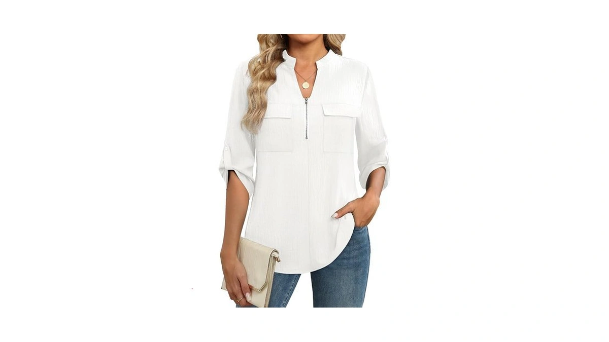 Funlingo 3/4 Length Sleeve Womens Tops Business Casual Blouses Zip