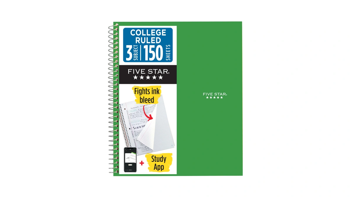 Five Star Spiral Notebook + Study App, 3 Subject, College