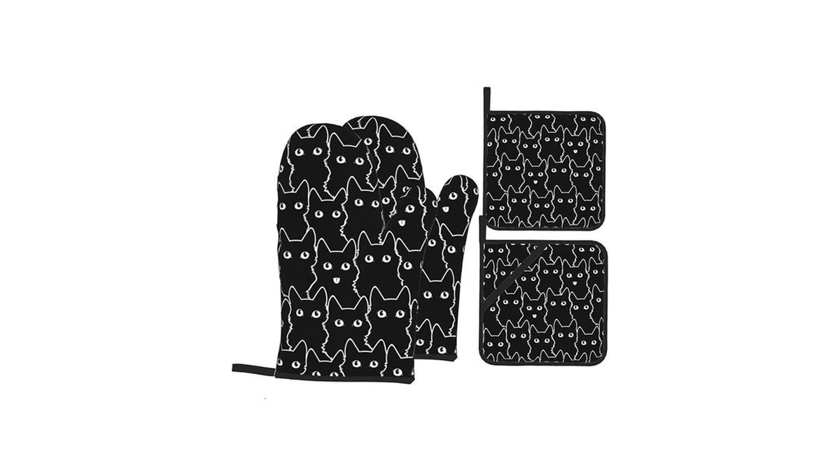 Black Cat Oven Mitts Pot Holders Set Of 4, Kitchen