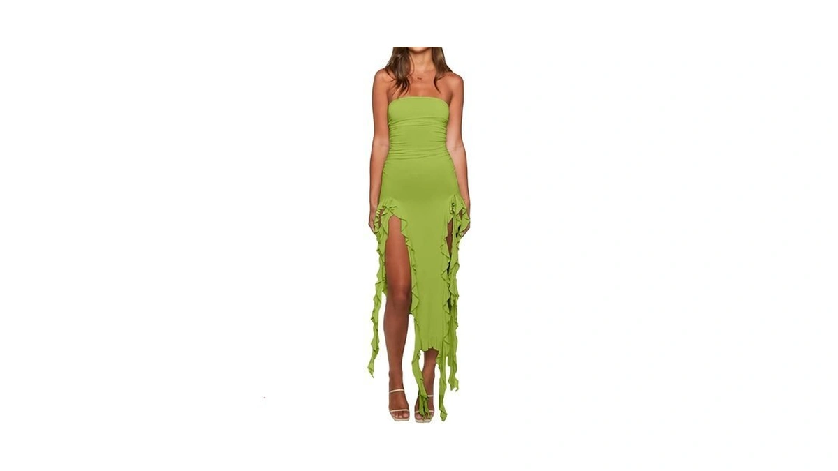 Women’s Bodycon Tube Dress Sexy Strapless Y2k Ruffle Trim Irregular