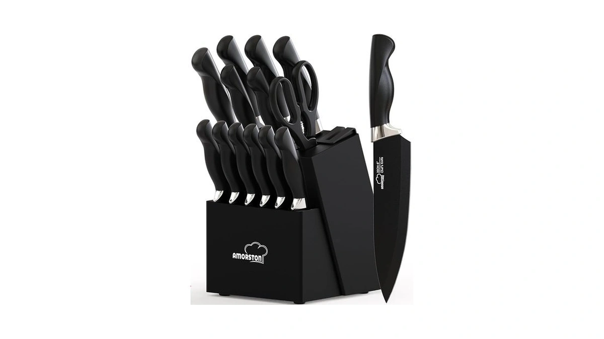 Amorston Knife Set, 15 Piece Kitchen Knife Set With Block