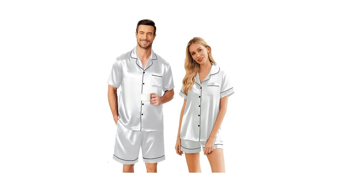 Ekouaer Couple Matching Pajamas Set Silk Satin Pjs Short Sleeve
