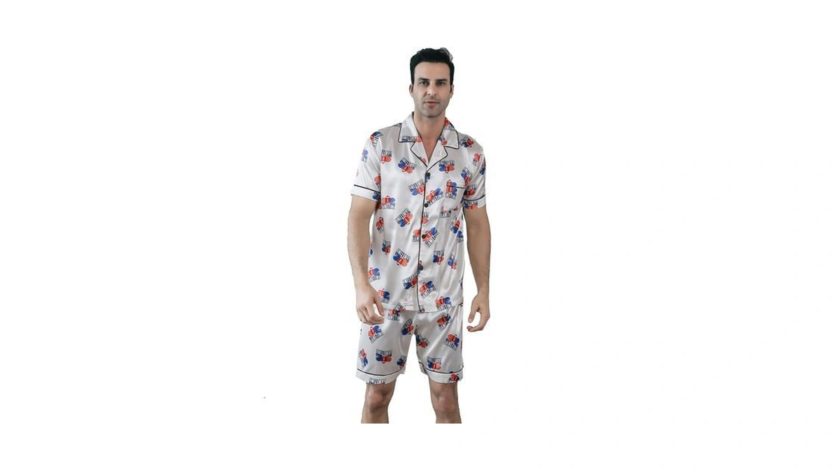 Men's Classic Silk Satin Pajama Set Short Sleeve Sleepwear Button