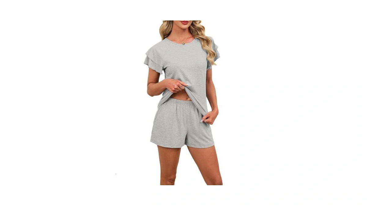 Anjue Cute Women Pajamas Crew Neck Ruffle Short Sleeve Lounge