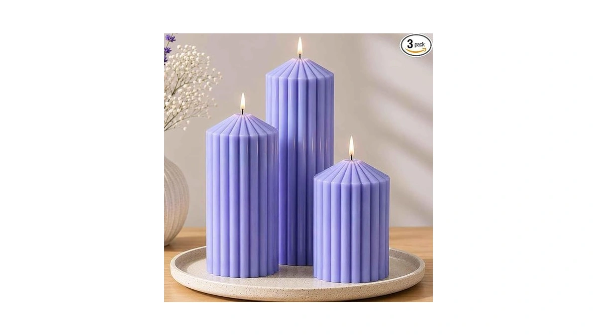 Ribbed Pillar Candles Set Of 3, Width 3" High 4"