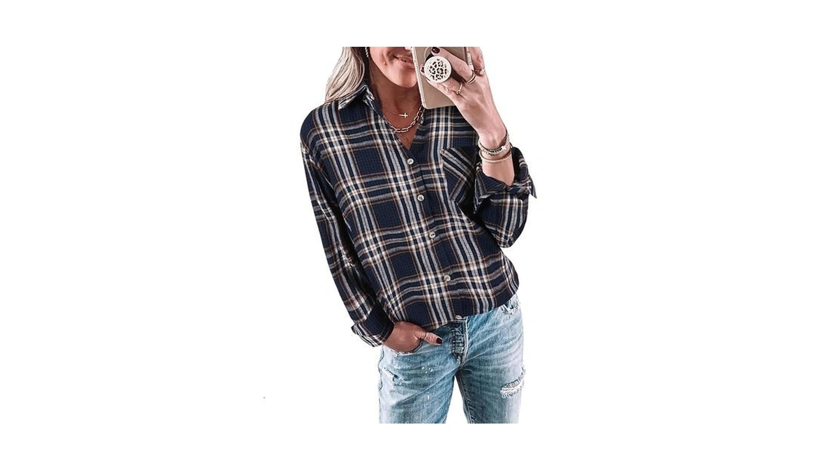 Wenrine Womens Long Sleeve Button Down Shirt Casual Plaid Flannel