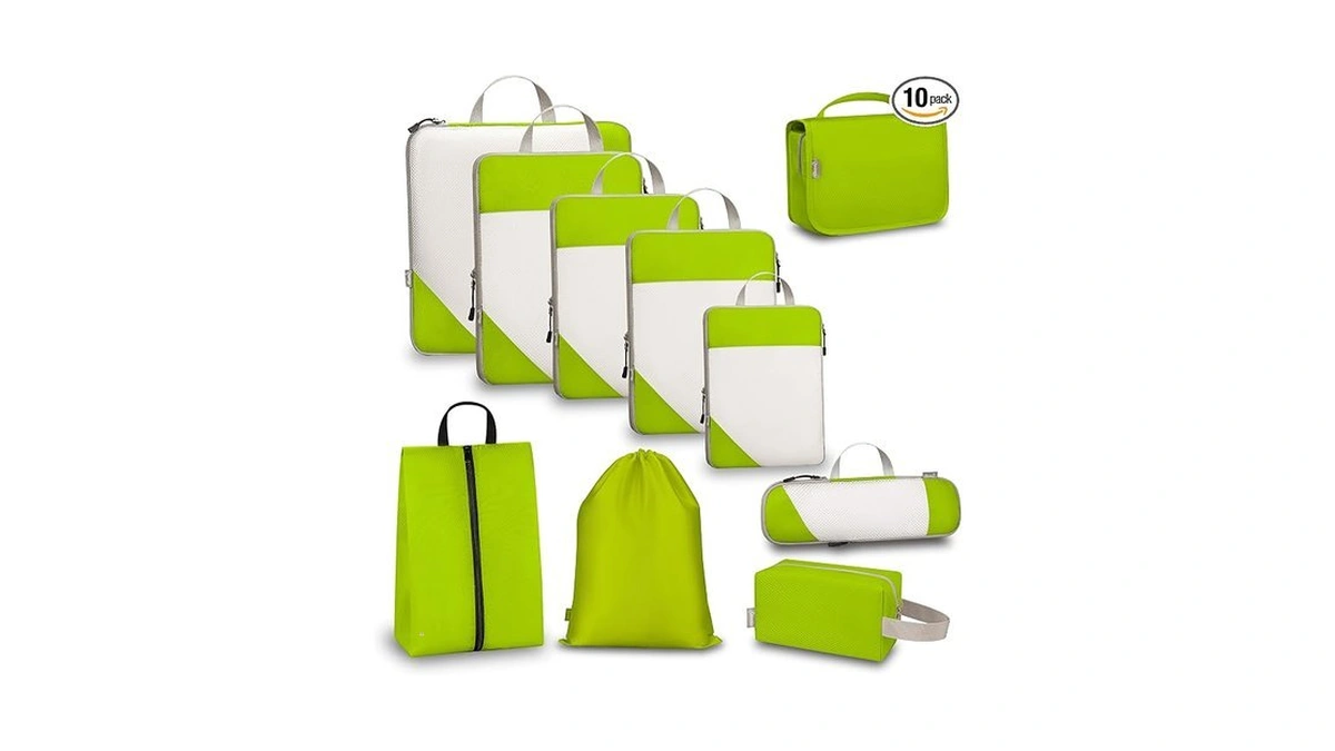 Sonnetto Compression Travel Packing Cubes With White Mesh, Green, 10pcs
