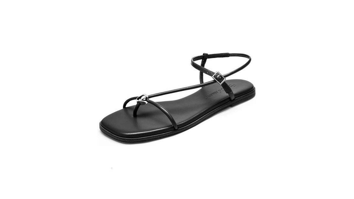 Athlefit Black Flat Sandals For Women Strappy Square Open Toe