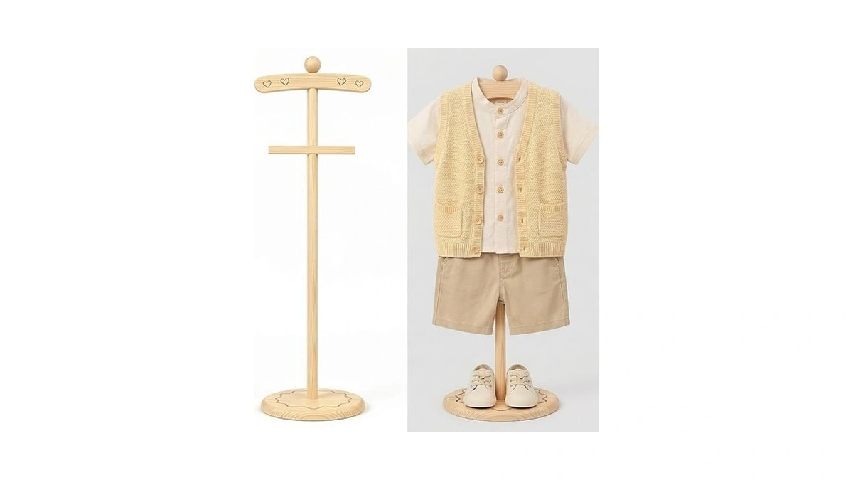 Aescwyn Natural Wood Baby Clothes Display Stand With Heart Details,