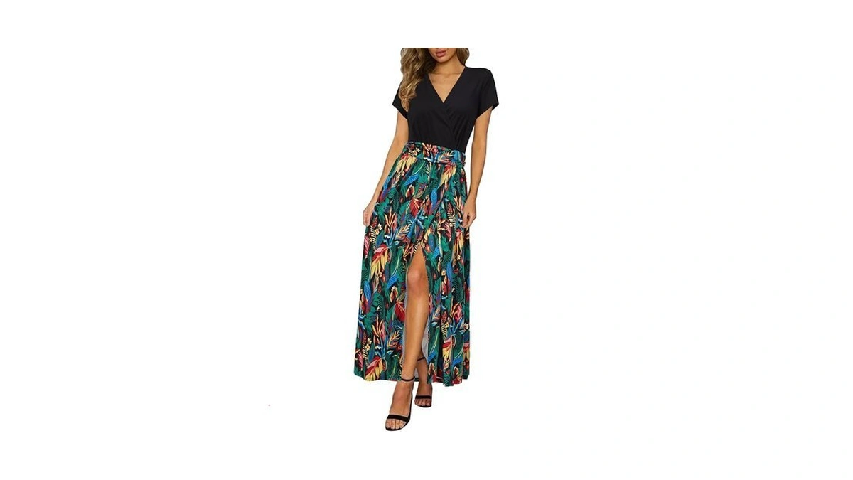 Newshows Casual Summer V Neck Split Wedding Guest Party Dress(floral