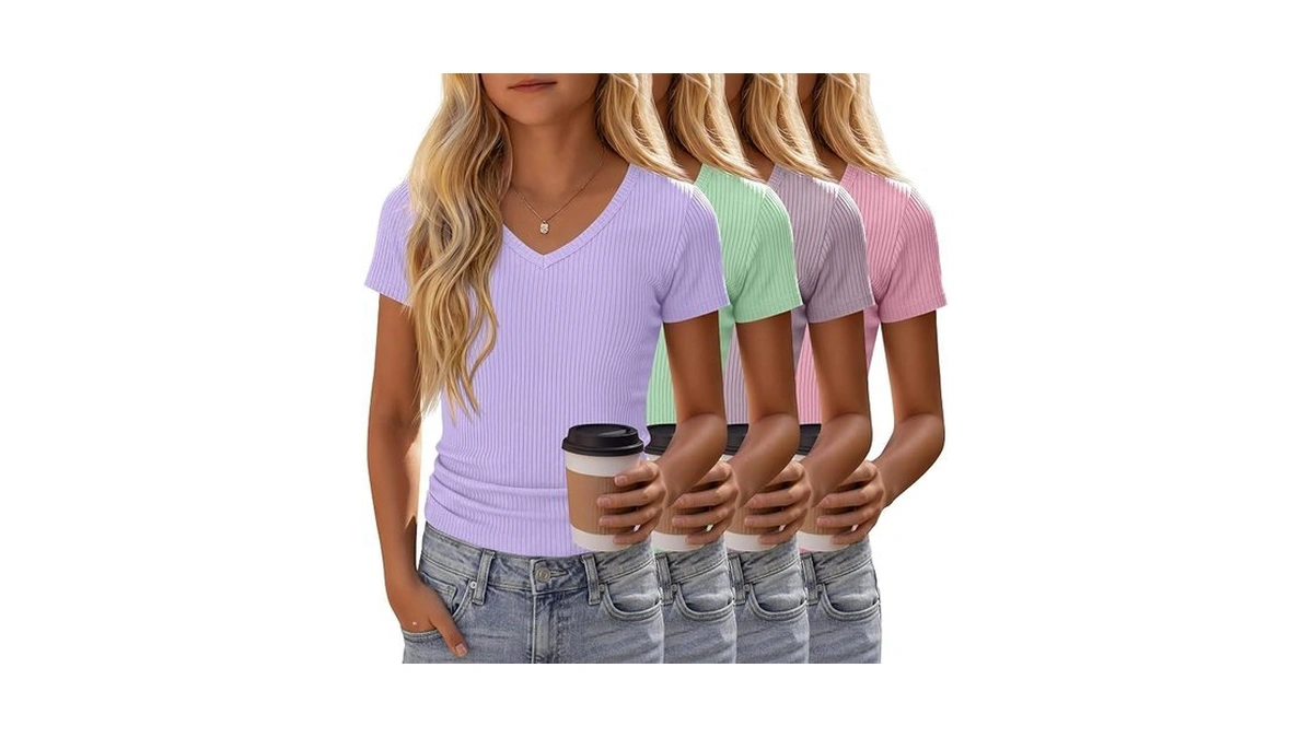 Yooaurvox 4 Pack Girls Short Sleeve Shirts Ribbed V Neck