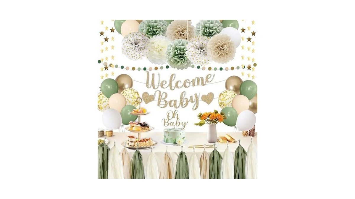 Ohsoftly Baby Shower Decorations, Welcome Baby Banner, Sage Green Balloons,