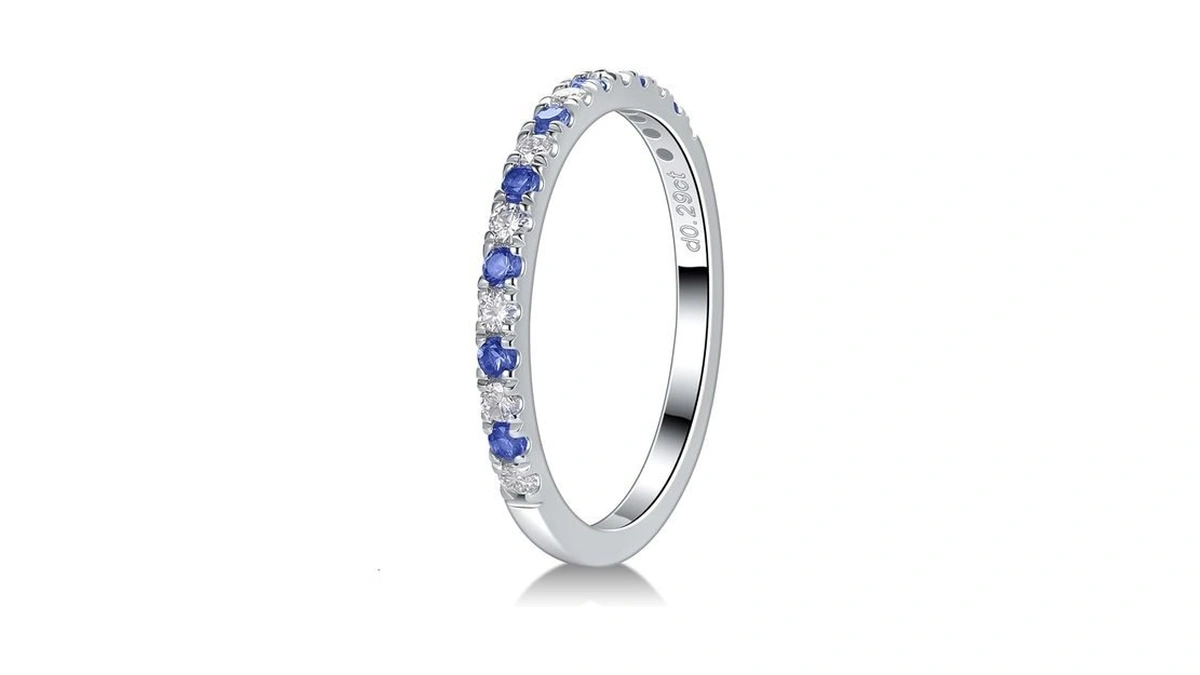 Moissanite Sterling Silver Rings For Women, Blue Sapphire Half Eternity