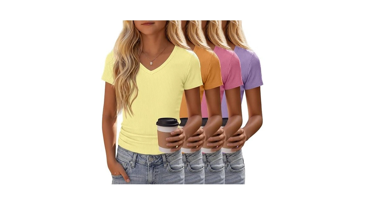 Yooaurvox 4 Pack Girls Short Sleeve Shirts Ribbed V Neck