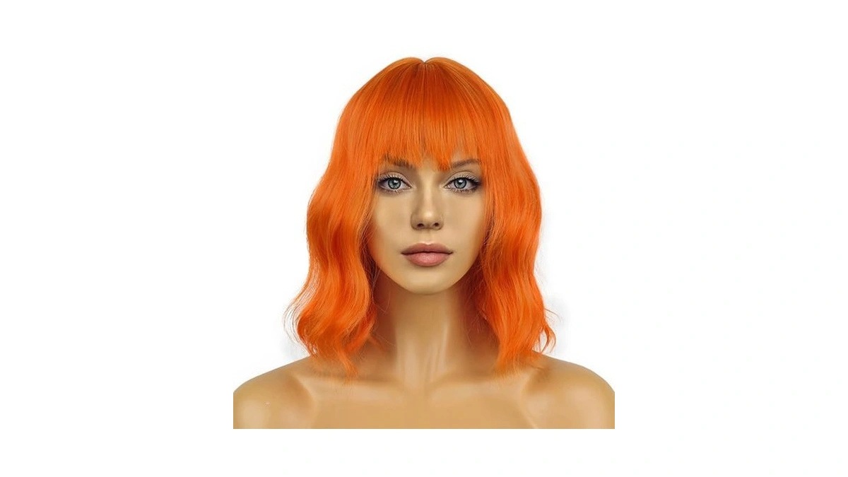 Lancaini Wavy Wig With Bangs Women's Short Orange Wigs Curly