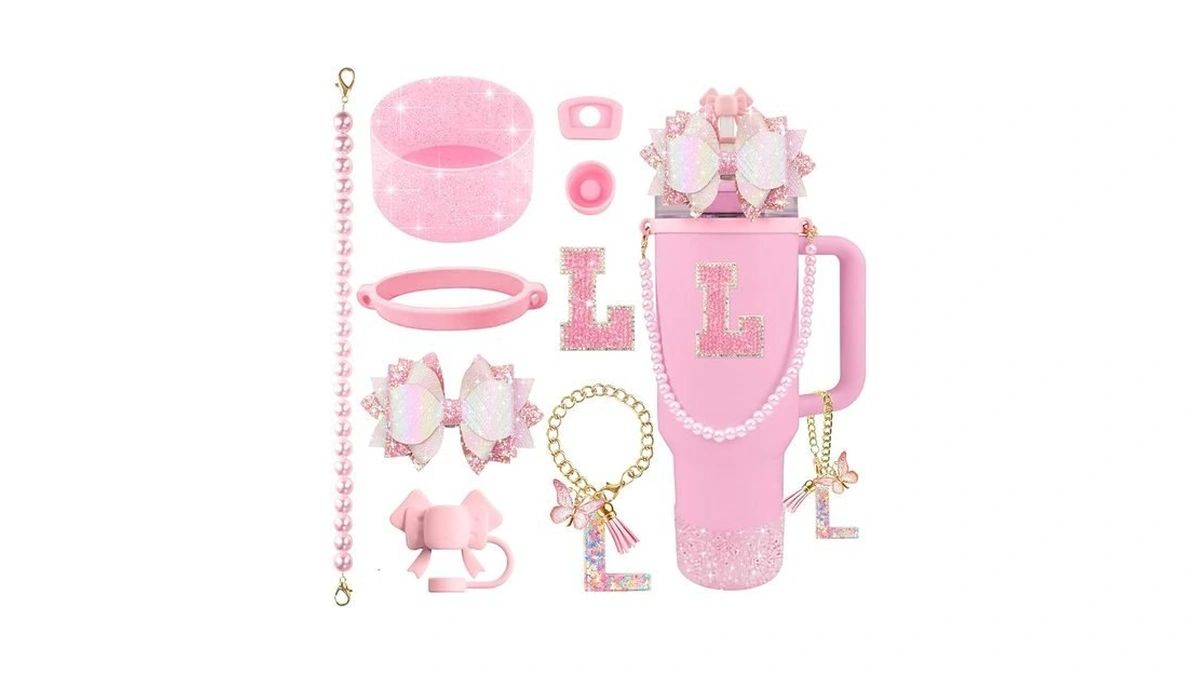 Hpebl 9pcs Pink For Stanley Cup Accessories Set Bling Initials