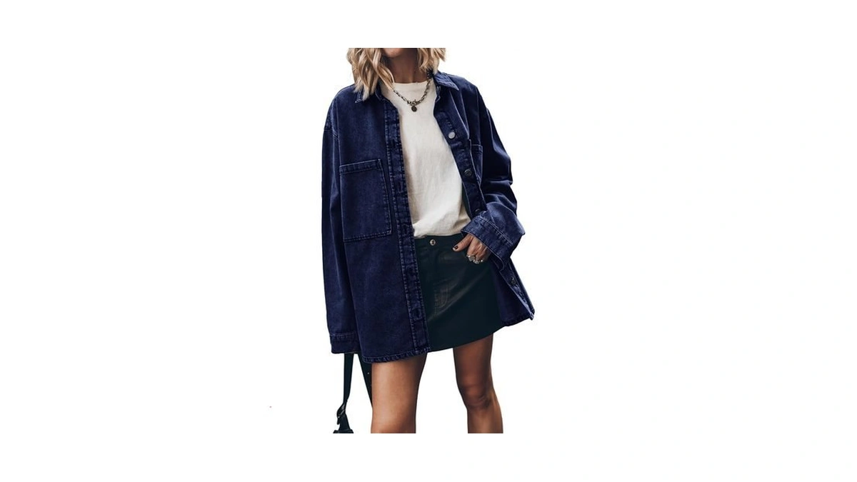 Plnotme Womens Oversized Jean Jacket Casual Button Up Denim Overshirt