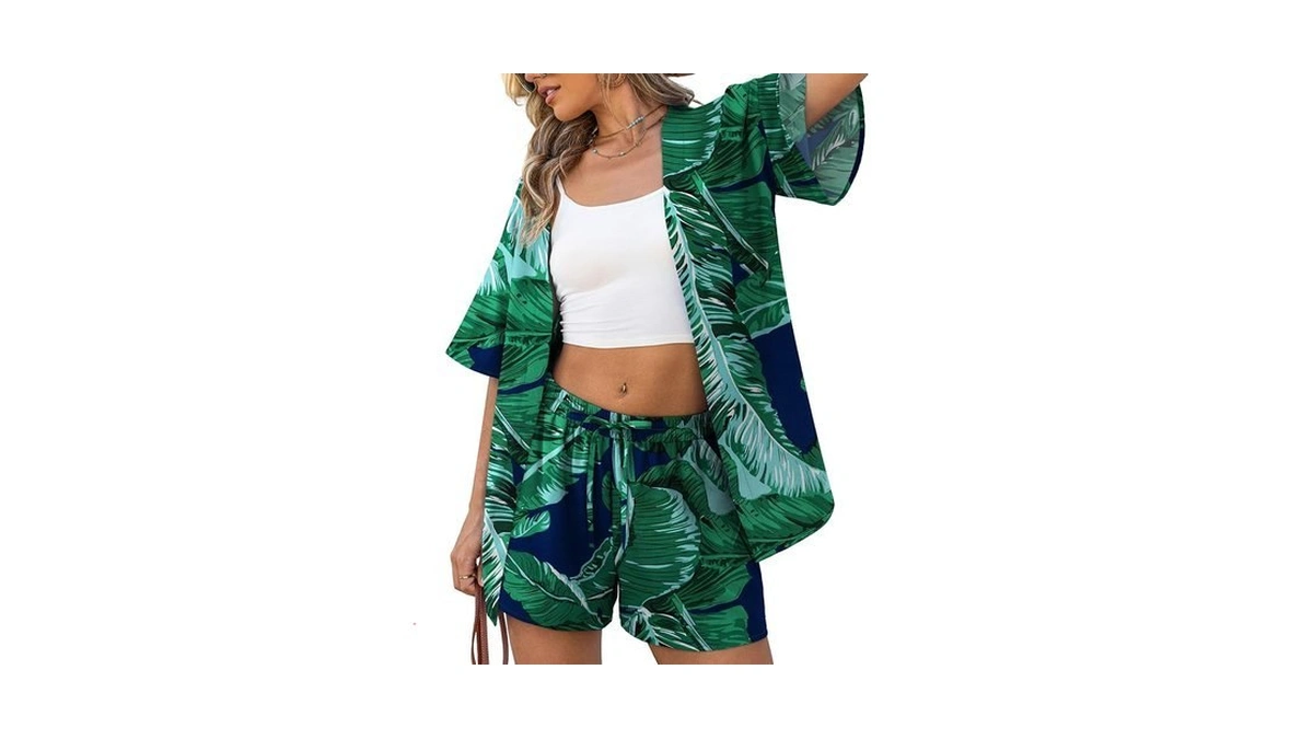 Verabendi Two Piece Print Cover Up Sets-top & Shorts,beach Vacation