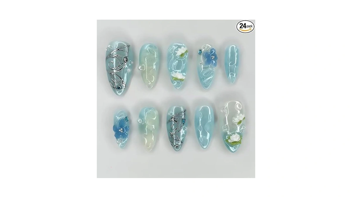 Blue Gradient Press On Nails Medium Almond Fake Nail Blue