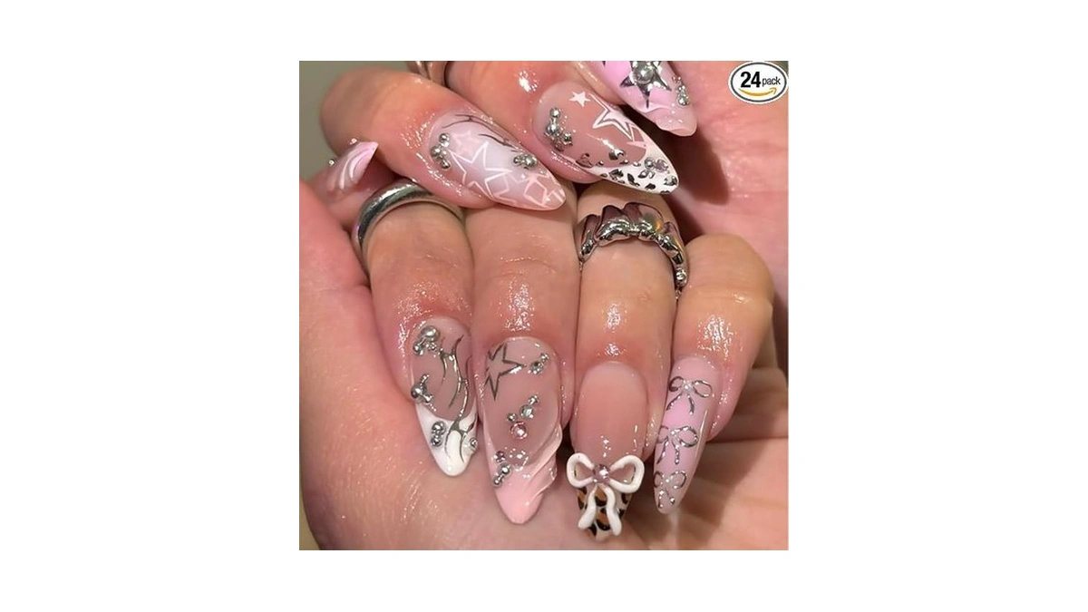 French Tip Press On Nails Medium Almond Fake Nail Star