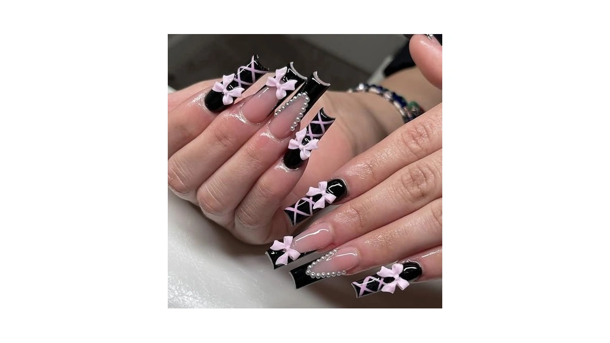 24pcs Long Press On Nails Square French Tip Fake Nails